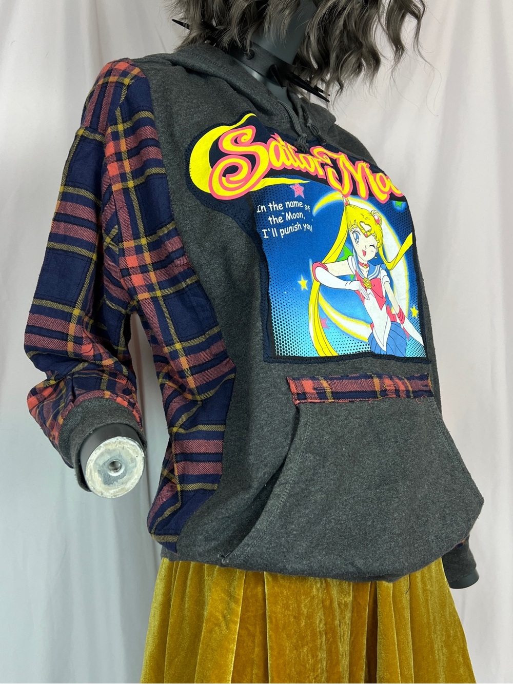 Vintage Y2K Sailor Moon Punish Plaid Flannel Hoodie